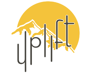 Logo featuring the word "uplift" in stylized text with mountains against a yellow sun backdrop.