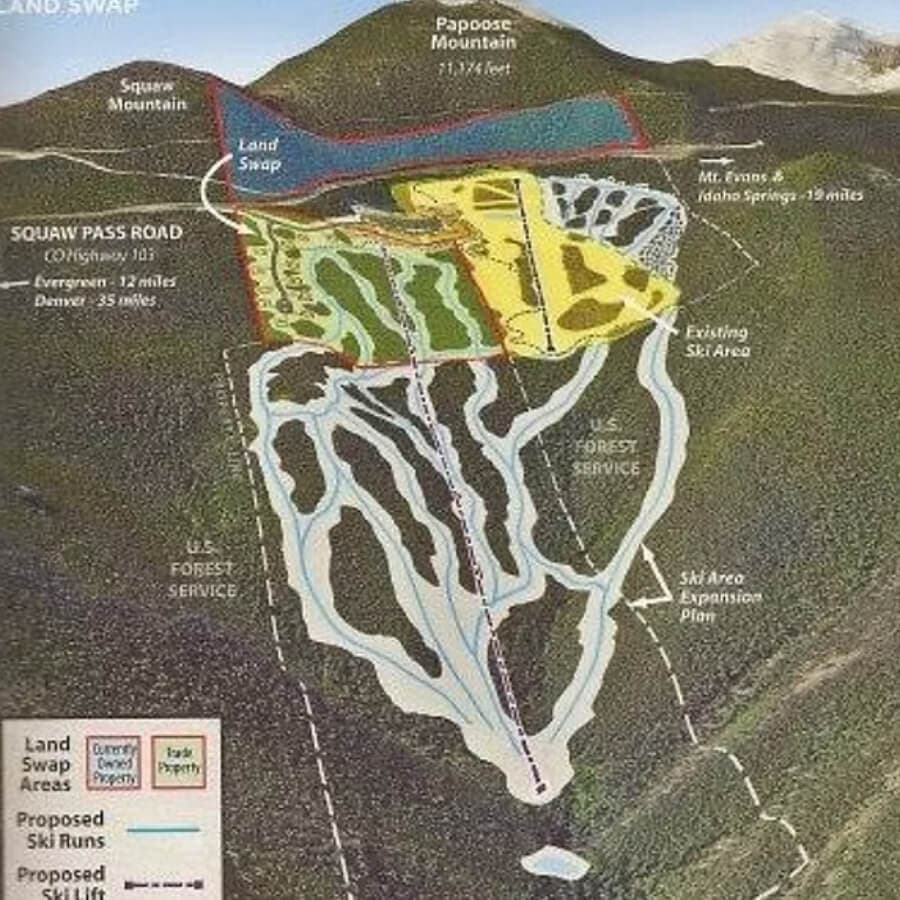 Map showing a land swap plan for a ski area expansion, including existing ski runs and proposed areas.