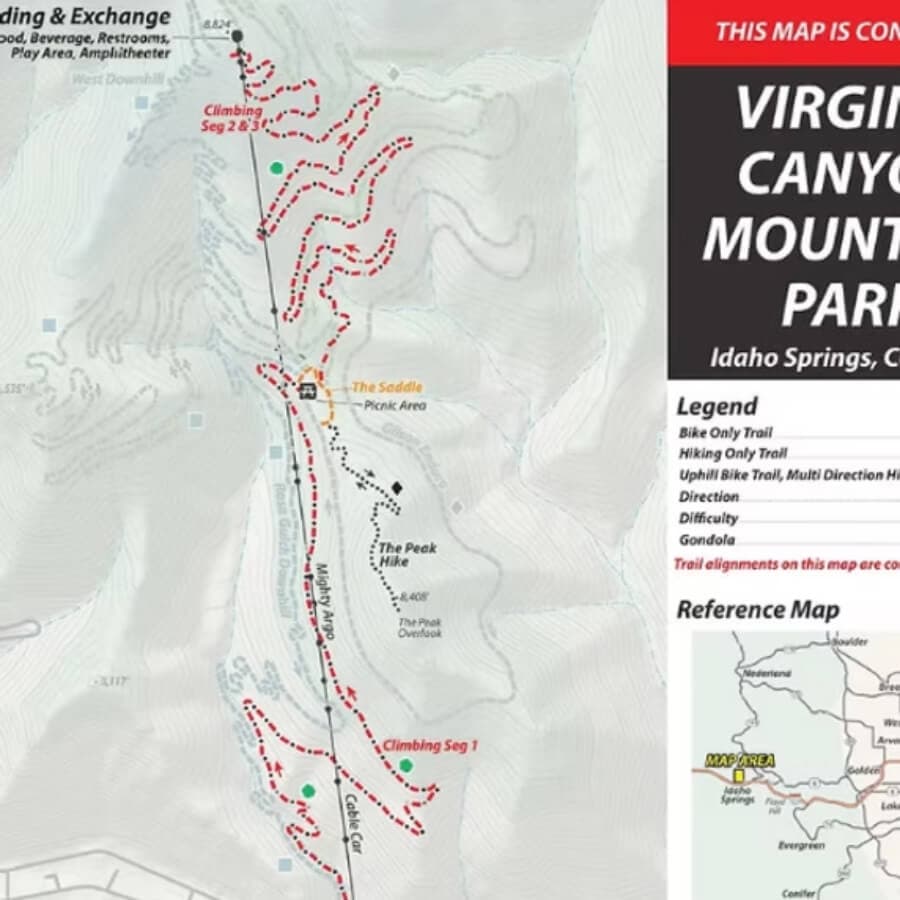 Map of Virginia Canyon Mountain Park in Idaho Springs, showing trails, picnic areas, and key features.