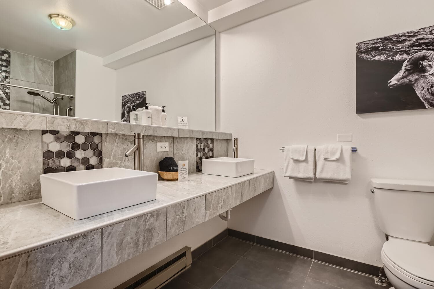 A modern bathroom featuring a stylish sink, gray tile accents, and a large mirror.