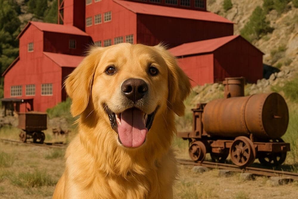 A smiling golden retriever stands in front of a red barn and old train on a sunny day.